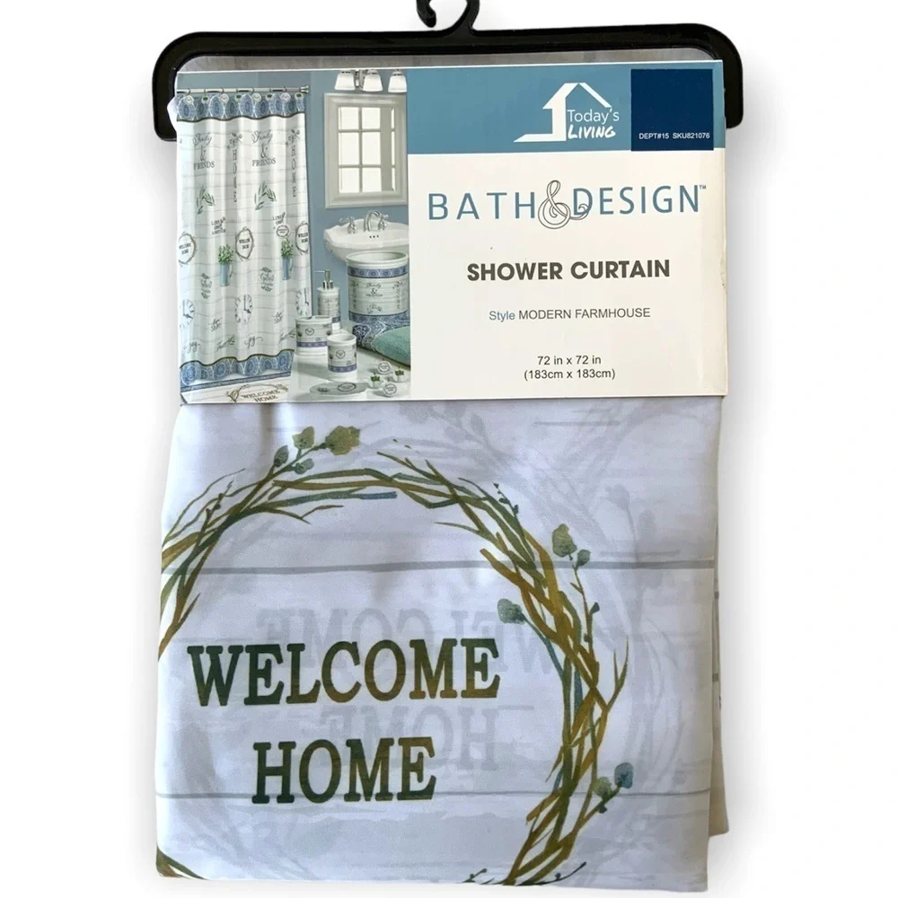 Modern Farmhouse Fabric Shower Curtain White Blue Multicolor 72 in X 72 in